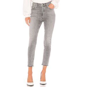 AGOLDE Nico High Rise Button Fly Slim Jeans in Risk Grey Raw Hem Size 26